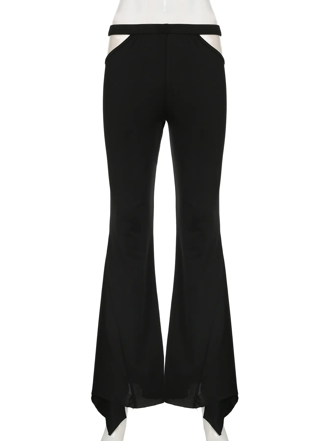 Rockmore Sexy Cut Out Black Knit Flared Pant Mid Waist Irregular Hem Design Trouser All Match Streetwear Vintage Y2K Slim Gothic