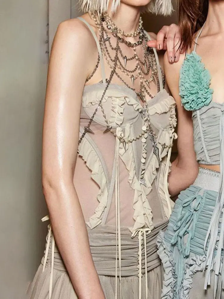 Rockmore Mesh Patchwork Corset Sexy See Through Camisole y2k Aesthetics Cropped Top Gray Tank Tops Fashion Backless Bustier New