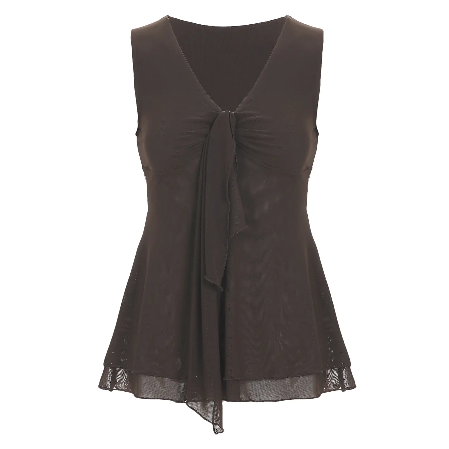 Rockmore Retro Double Layer Mesh Sleeveless Women's Top Ruffled Tied V-Neck Design Cinched Waist A-Line Tank Top for Summer