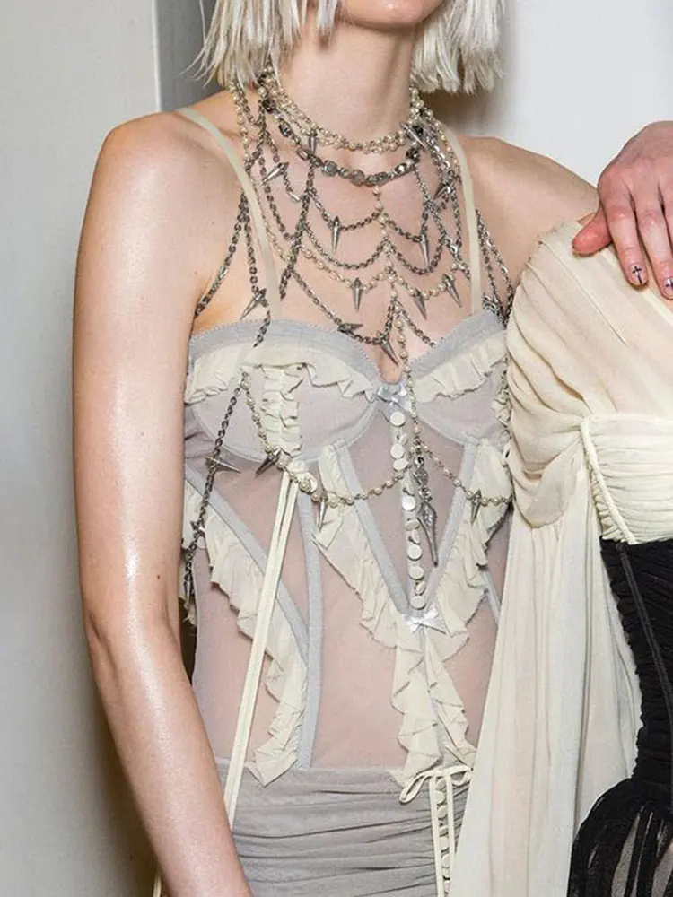 Rockmore Mesh Patchwork Corset Sexy See Through Camisole y2k Aesthetics Cropped Top Gray Tank Tops Fashion Backless Bustier New