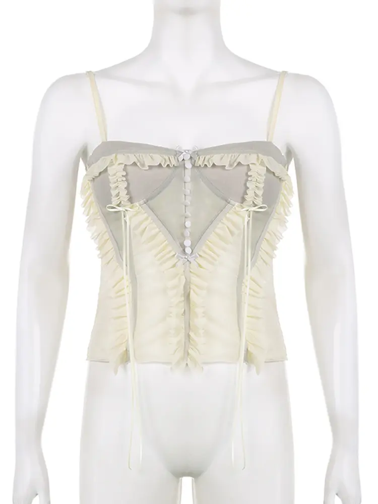 Rockmore Mesh Patchwork Corset Sexy See Through Camisole y2k Aesthetics Cropped Top Gray Tank Tops Fashion Backless Bustier New