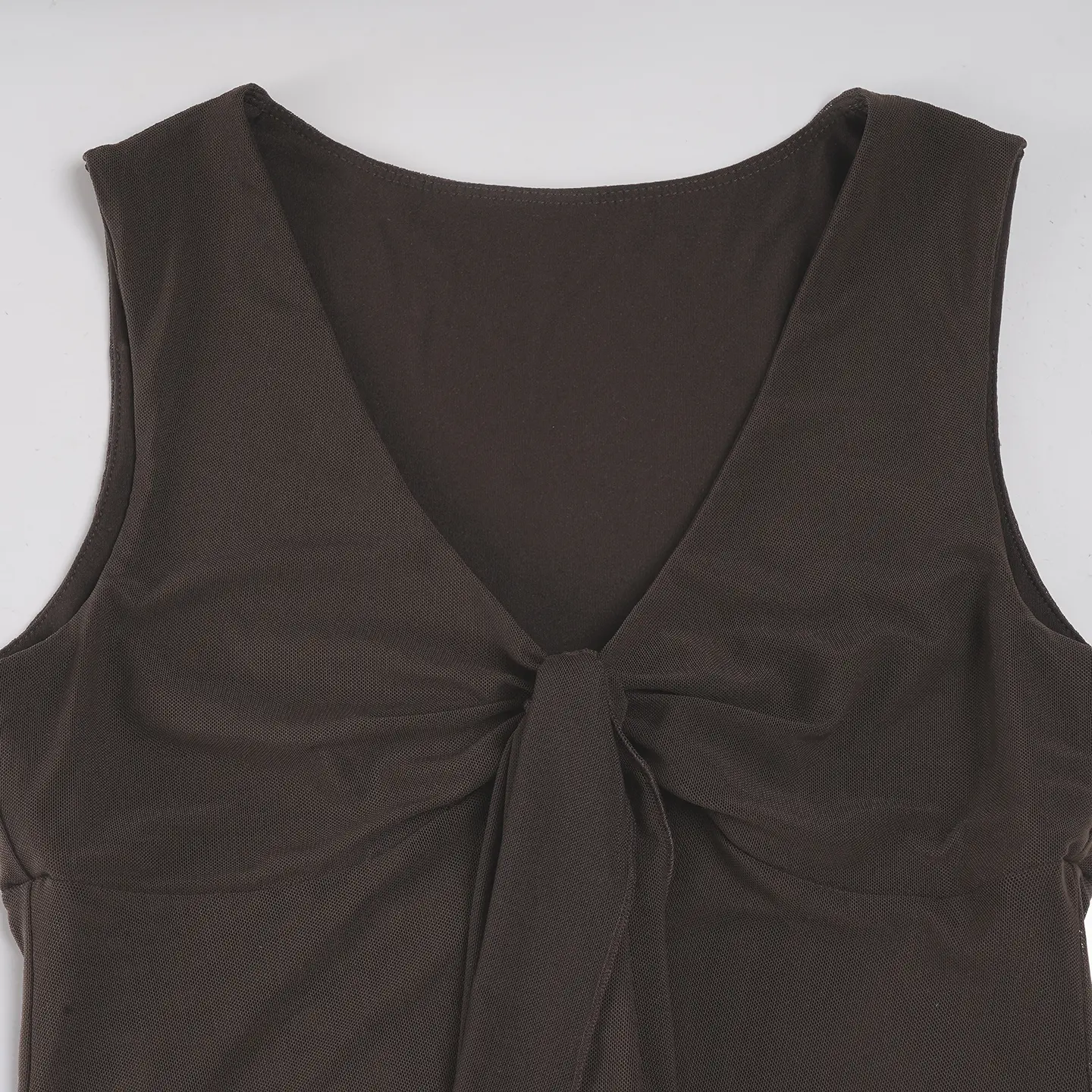 Rockmore Retro Double Layer Mesh Sleeveless Women's Top Ruffled Tied V-Neck Design Cinched Waist A-Line Tank Top for Summer