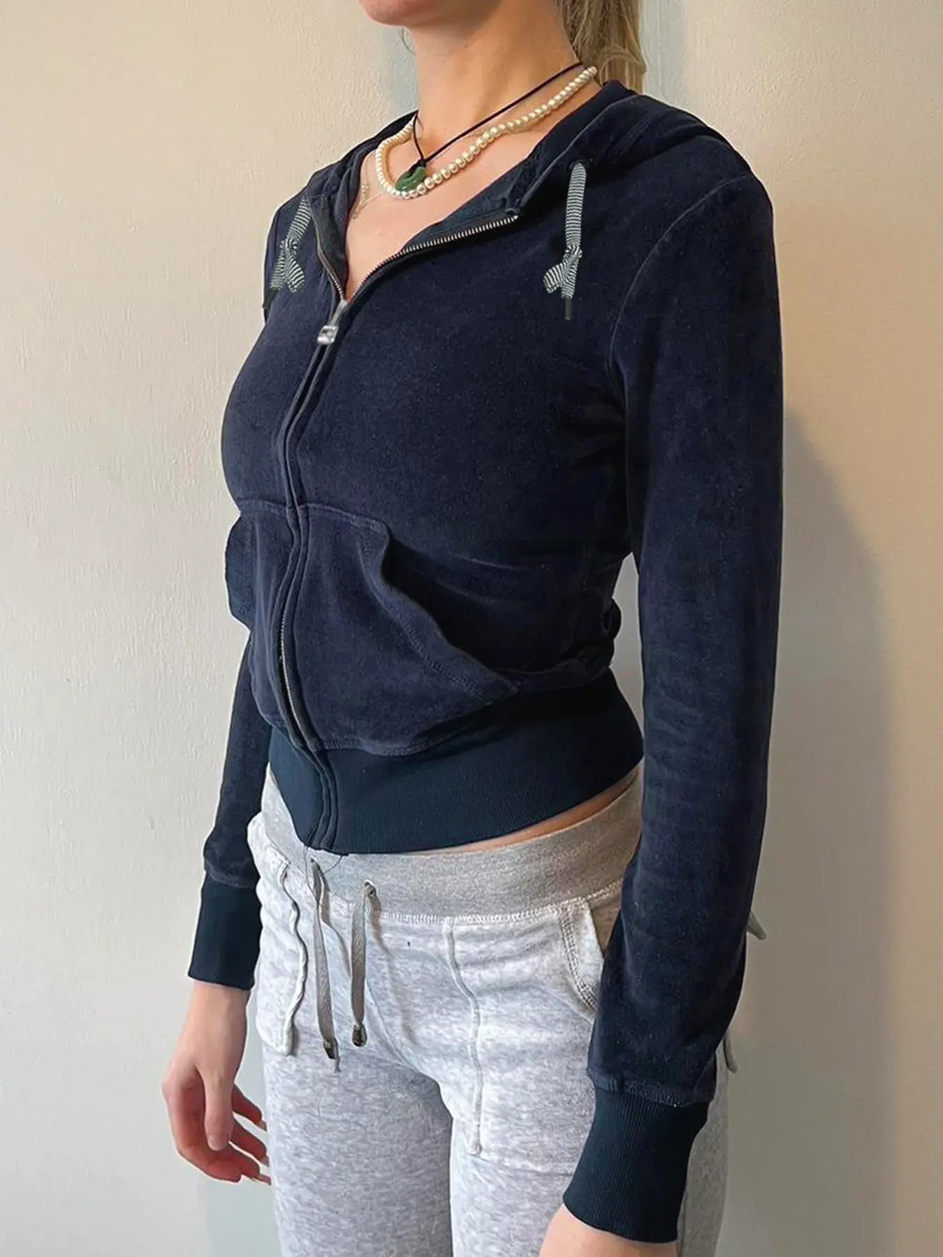 Rockmore Dark Blue Zip Up Velvet Cropped Hoodie Coat Y2K Aesthetic Vintage Slim Sweatshirts 2000s Retro Grunge Jacket Autumn Top