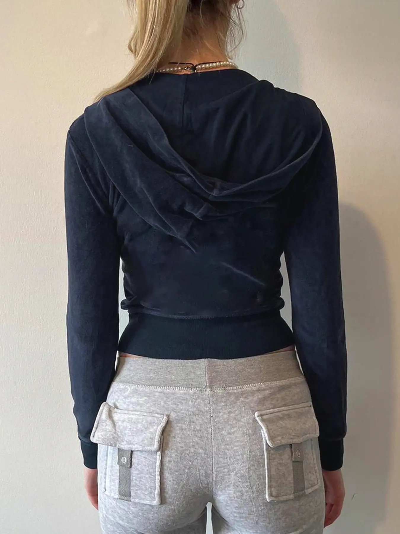 Rockmore Dark Blue Zip Up Velvet Cropped Hoodie Coat Y2K Aesthetic Vintage Slim Sweatshirts 2000s Retro Grunge Jacket Autumn Top