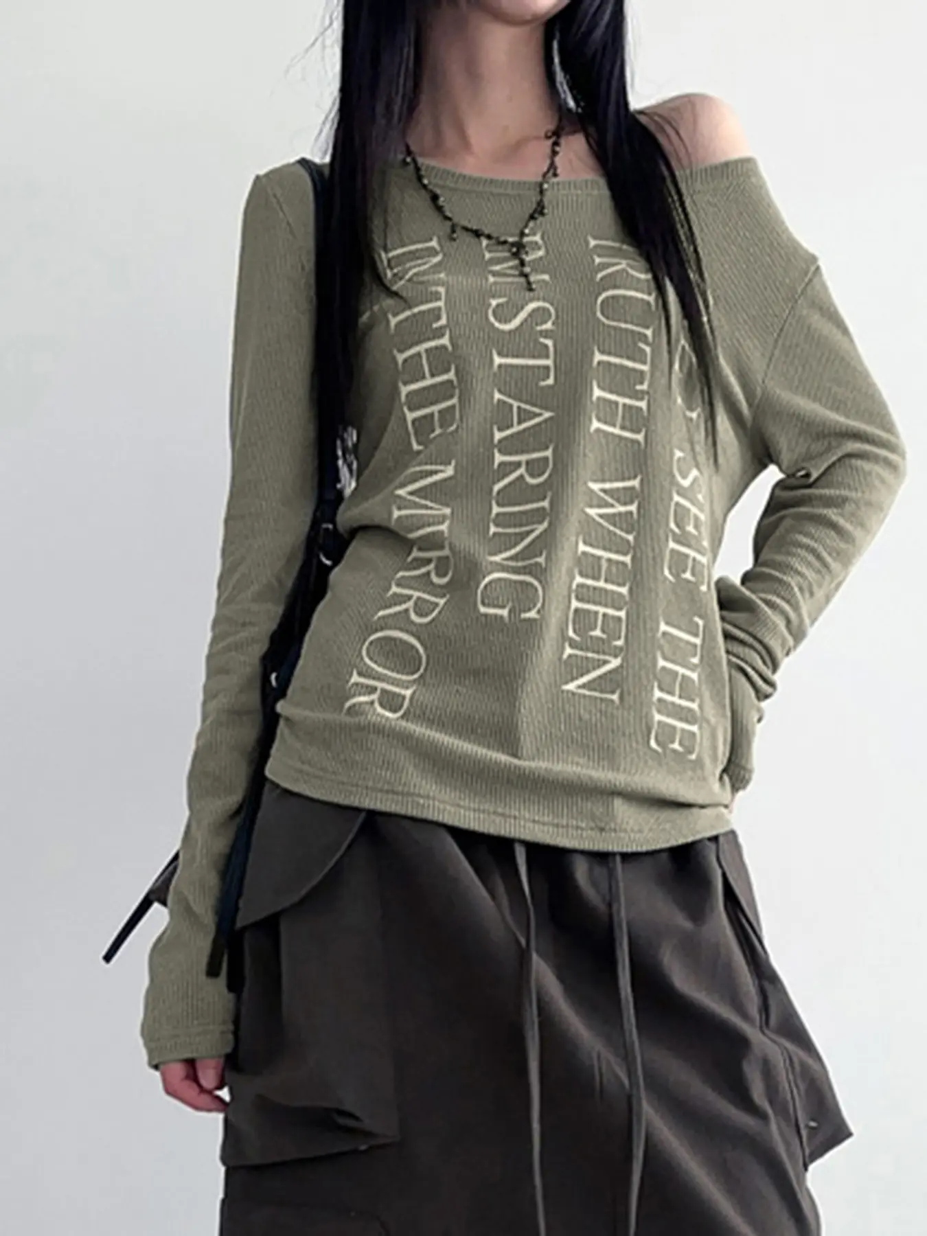 Rockmore All Match Letter Print T-shirt for Women Chic Skew Collar Long Sleeve Tees Casual Loose-fit Slim Korean Top Y2k Clothes