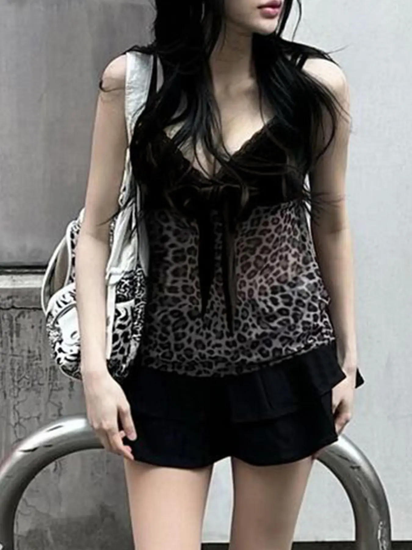 Rockmore y2k Leopard Patchwork Velvet Mesh Camis Vintage Bow Crop Top Women Coquette Sexy See Through V Neck Tank Top Korean