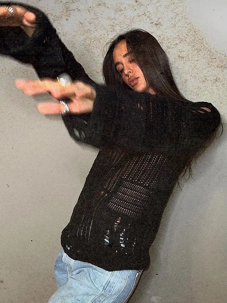 Rockmore Hollow Out Sexy Sweater Women Loose Knitted Tops Hole Thin Pullovers Long Sleeve Y2K Streetwear American Style Black