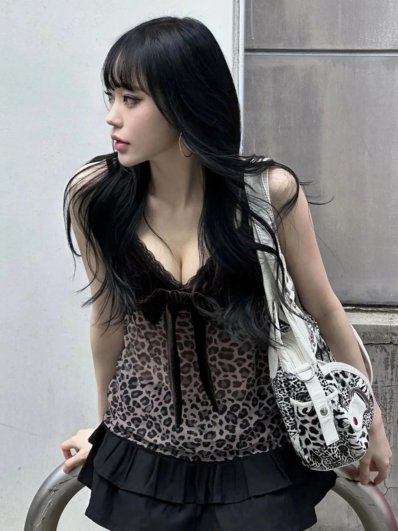 Rockmore y2k Leopard Patchwork Velvet Mesh Camis Vintage Bow Crop Top Women Coquette Sexy See Through V Neck Tank Top Korean