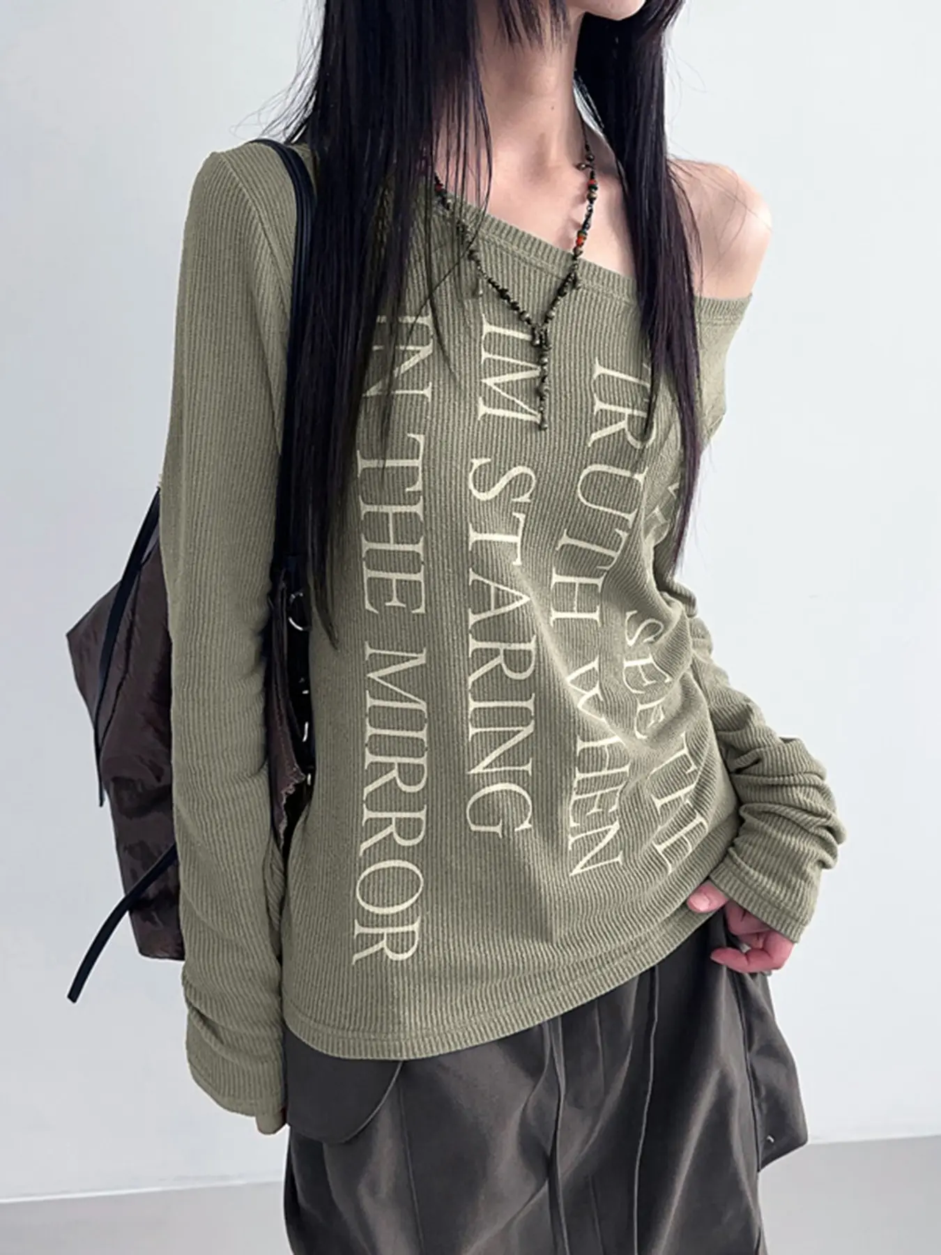 Rockmore All Match Letter Print T-shirt for Women Chic Skew Collar Long Sleeve Tees Casual Loose-fit Slim Korean Top Y2k Clothes