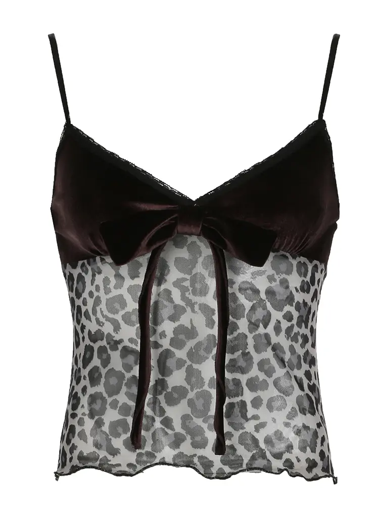 Rockmore y2k Leopard Patchwork Velvet Mesh Camis Vintage Bow Crop Top Women Coquette Sexy See Through V Neck Tank Top Korean