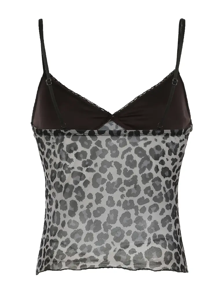 Rockmore y2k Leopard Patchwork Velvet Mesh Camis Vintage Bow Crop Top Women Coquette Sexy See Through V Neck Tank Top Korean