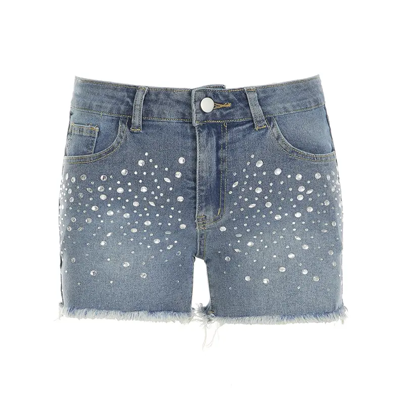 Rockmore Women's Short Jeans Distressed Diamonds Tassel Low Waist Wide Leg Luxury Denim Shorts 2025 Summer Fashion