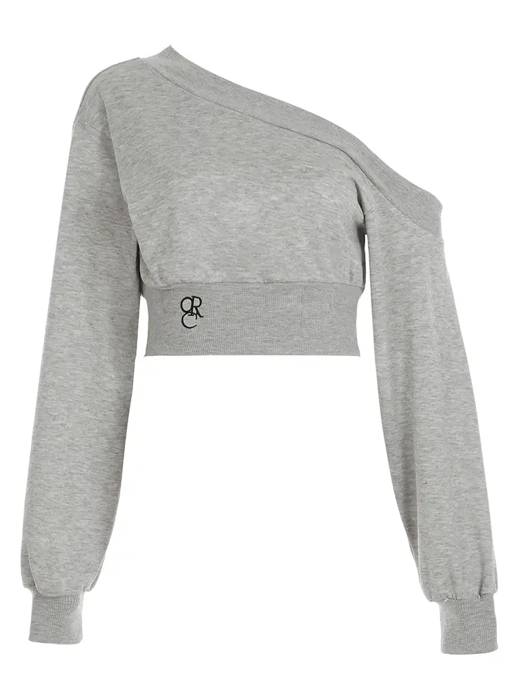 Rockmore Sweet Off Shoulder Asymmetric Sweatshirts Casual Long Sleeve Embroidery Crop Top Streetwear Y2k Women Spring Pullover