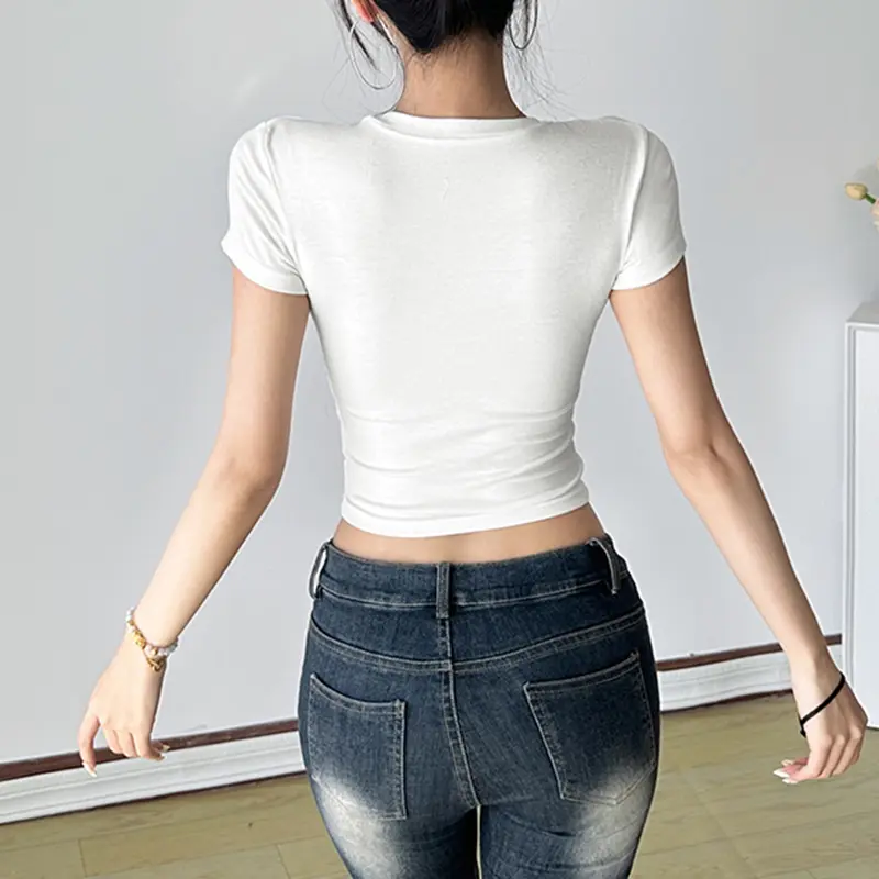 Harajuku Animal Print Crop Top Basic White Short Sleeve Crewneck T-shirt Women Casual Slim-fitting Tees Lady y2k Vintage
