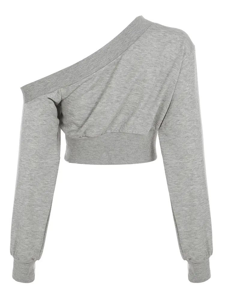 Rockmore Sweet Off Shoulder Asymmetric Sweatshirts Casual Long Sleeve Embroidery Crop Top Streetwear Y2k Women Spring Pullover
