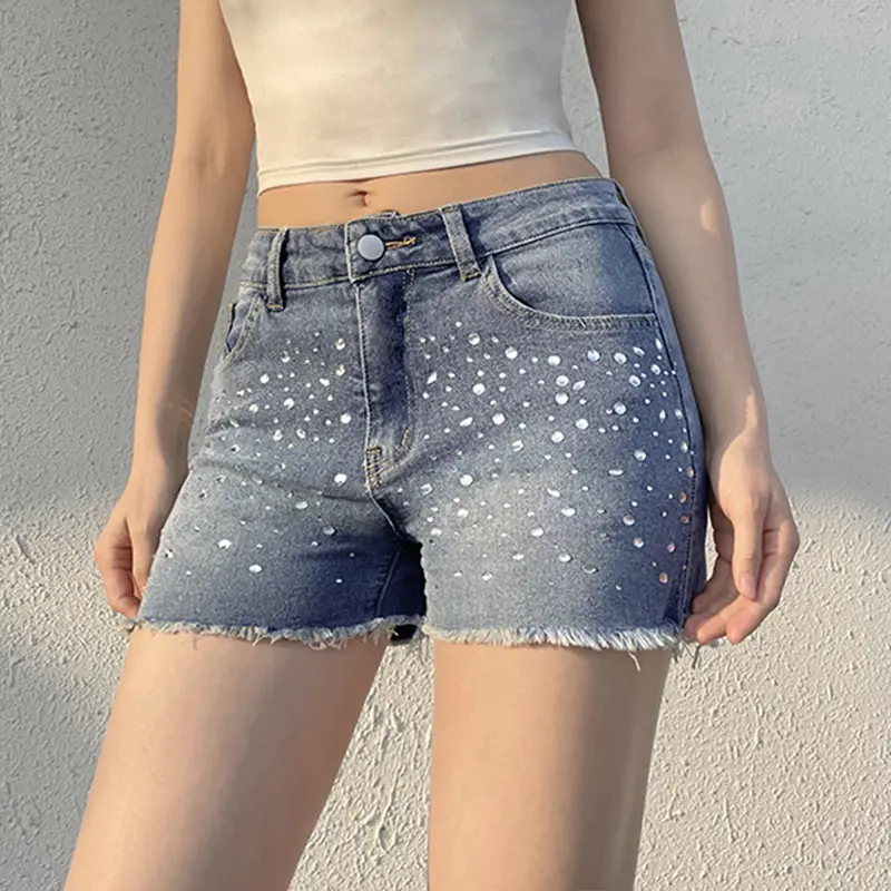 Rockmore Women's Short Jeans Distressed Diamonds Tassel Low Waist Wide Leg Luxury Denim Shorts 2025 Summer Fashion