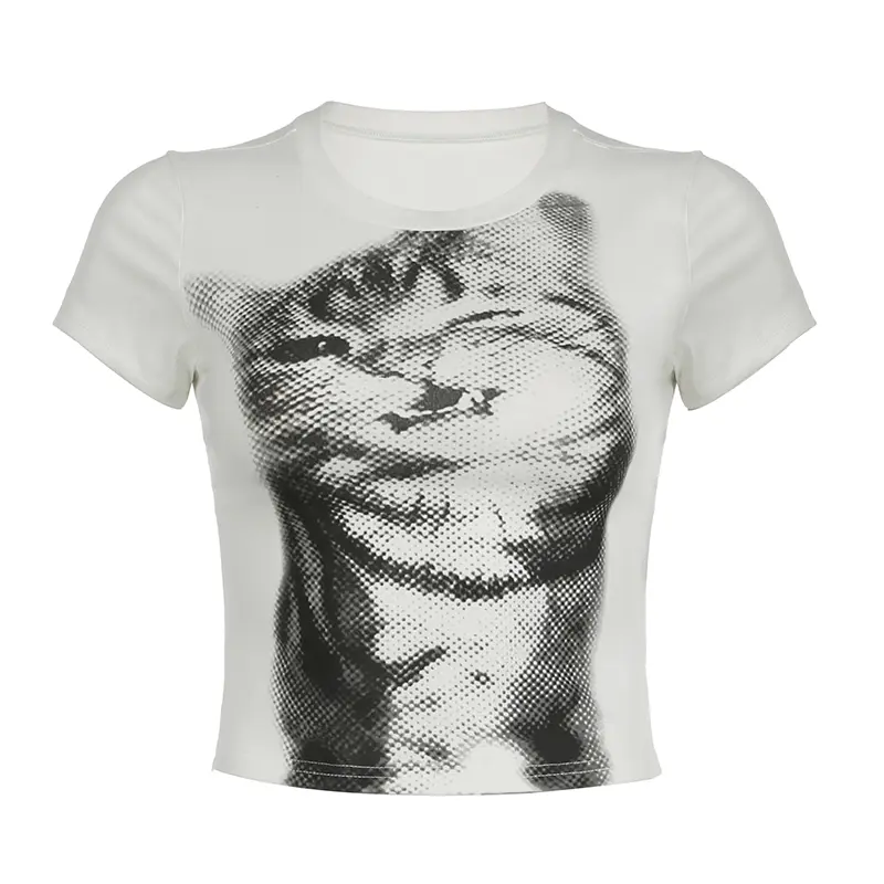 Harajuku Animal Print Crop Top Basic White Short Sleeve Crewneck T-shirt Women Casual Slim-fitting Tees Lady y2k Vintage