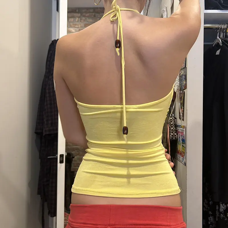 Rockmore Orange Frills V-Neck Halter Tops Women Yellow Sleeveless Slim Sexy Y2K Crop Top 2025 Summer New Sweet Cute Casual Camis