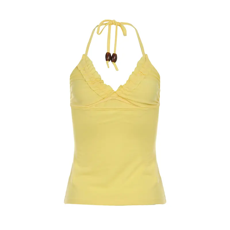 Rockmore Orange Frills V-Neck Halter Tops Women Yellow Sleeveless Slim Sexy Y2K Crop Top 2025 Summer New Sweet Cute Casual Camis