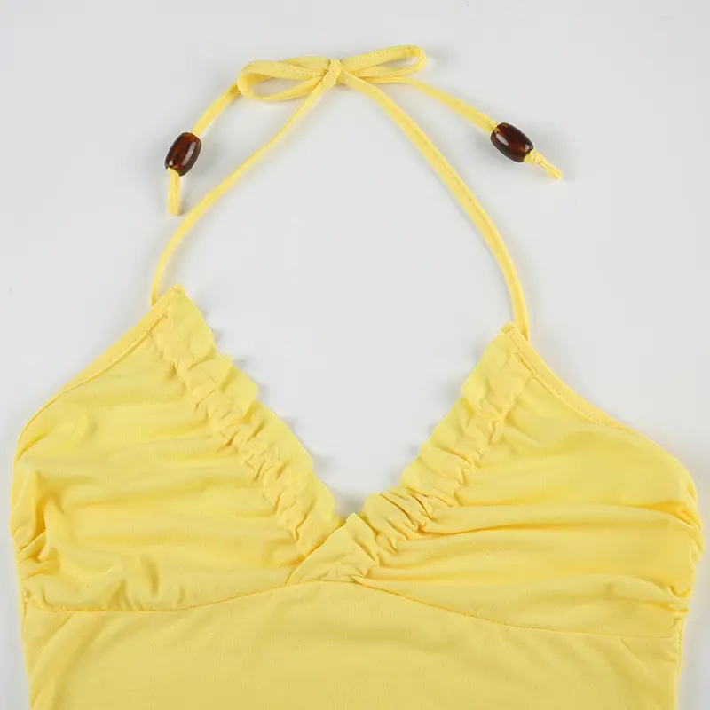 Rockmore Orange Frills V-Neck Halter Tops Women Yellow Sleeveless Slim Sexy Y2K Crop Top 2025 Summer New Sweet Cute Casual Camis