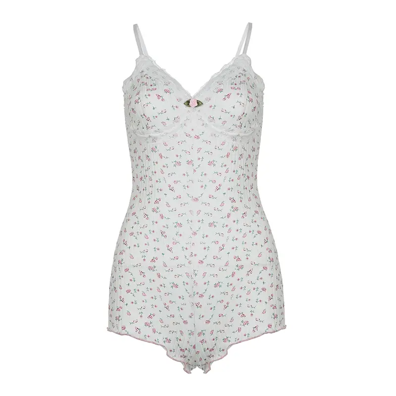 Rockmore Y2K Sweet Floral Print Bodysuit Spaghetti Straps Women Sexy Lace Patchwork Knit Bodies Tops Sleeveless Skinny Rompers