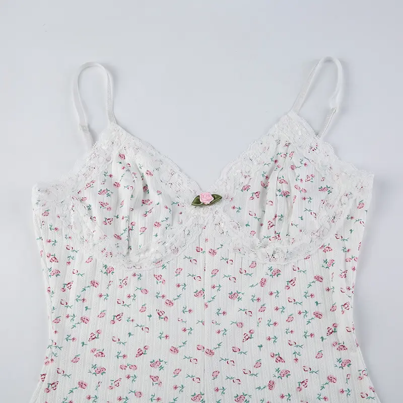 Rockmore Y2K Sweet Floral Print Bodysuit Spaghetti Straps Women Sexy Lace Patchwork Knit Bodies Tops Sleeveless Skinny Rompers