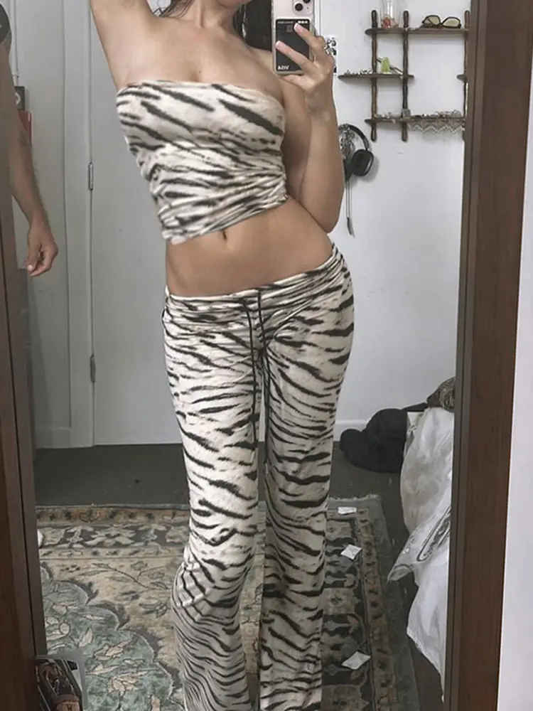 Rockmore Zebra Striped Women's Low Waist Flare Pants Skinny Elastic Casual Print Fashion y2k Outfits Streetwear Trouser Harajuku