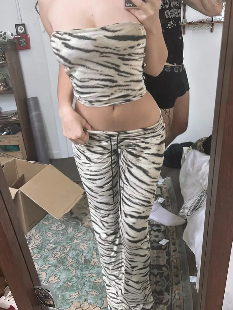 Rockmore Zebra Striped Women's Low Waist Flare Pants Skinny Elastic Casual Print Fashion y2k Outfits Streetwear Trouser Harajuku
