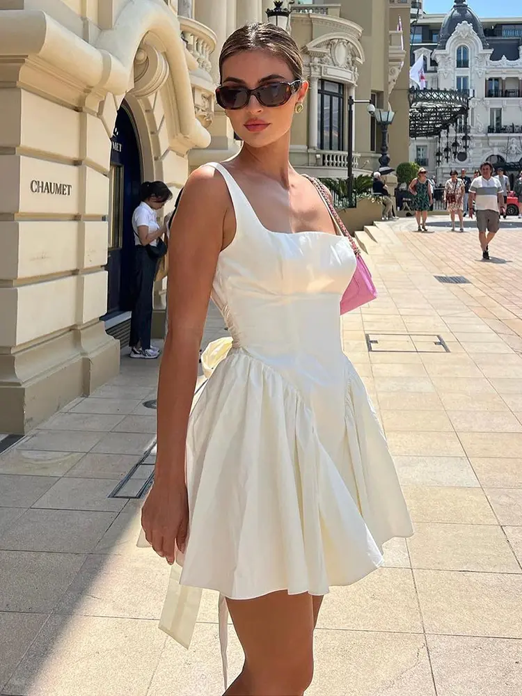 Rockmore Sexy Bow Tie Up Backless Party Dress Fashion Women Elegant Holiday Black Mini Dresses A-line Sleeveless Pleated Dress