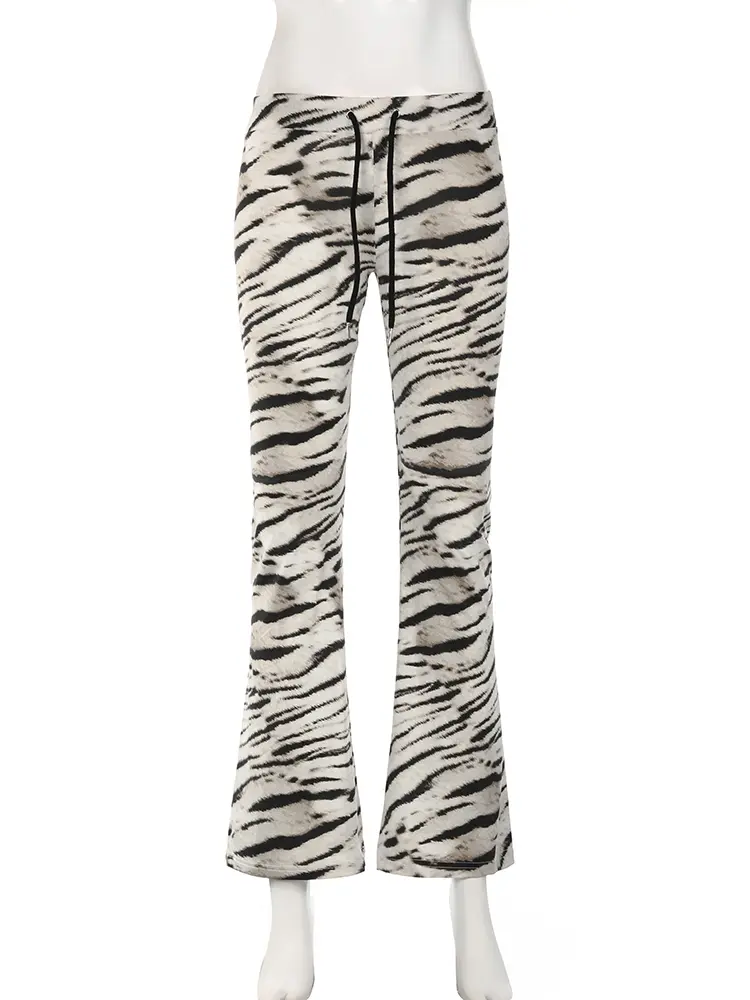 Rockmore Zebra Striped Women's Low Waist Flare Pants Skinny Elastic Casual Print Fashion y2k Outfits Streetwear Trouser Harajuku
