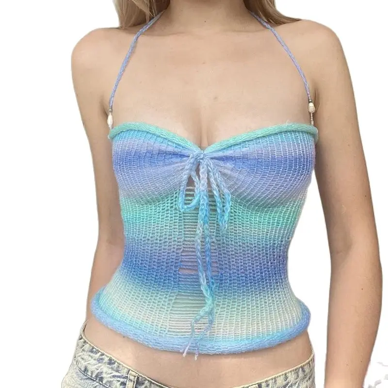 Gradient Knitted Ripped Camisole Y2k Aesthetic Halter Top Beach vacation Party Backless Crop Tops Cute Sexy Summer Tanks
