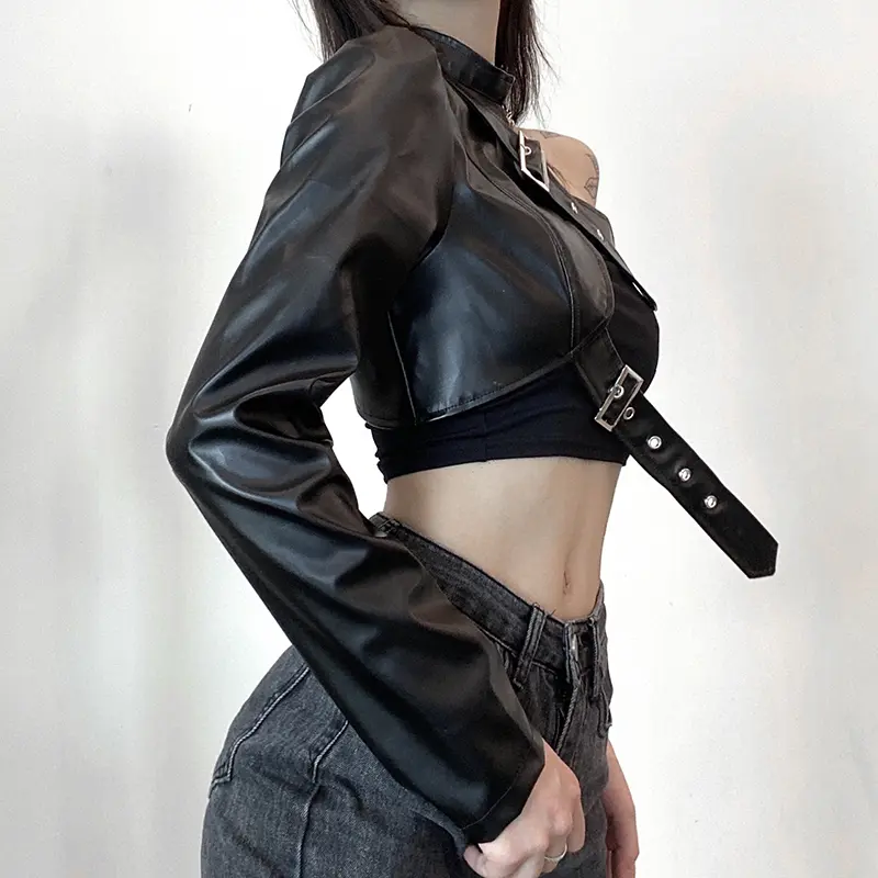 Rockmore Punk Style PU Leather Pullover Jackets Women One Shoulder Off Gothic Top Hip Hop Streetwear Sweatshirts Femme Autumn