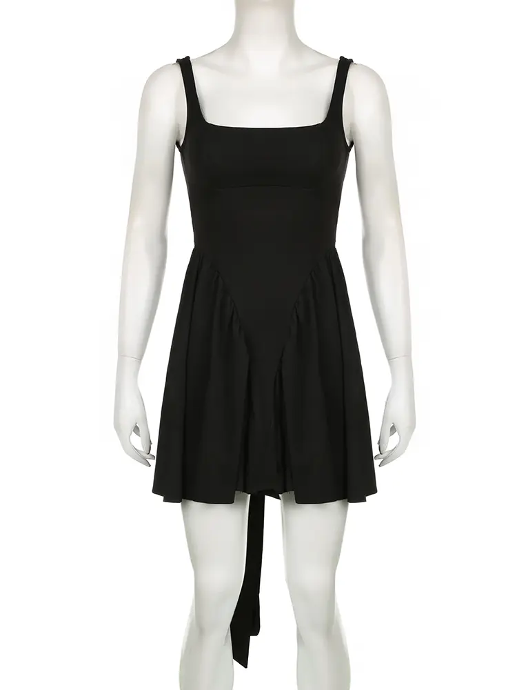 Rockmore Sexy Bow Tie Up Backless Party Dress Fashion Women Elegant Holiday Black Mini Dresses A-line Sleeveless Pleated Dress