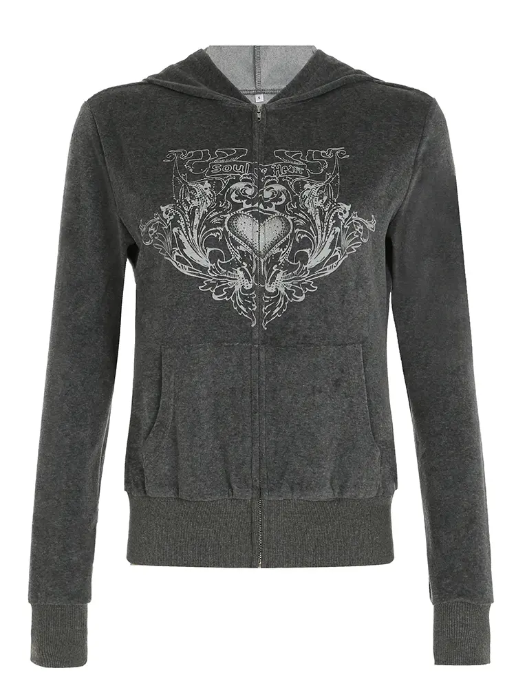 Rockmore Velvet Graphic Print Hooded Jacket Y2K Vintage Hoodie Women'S Sweatshirt Autumn Casual Pockets Zipper Up Coats Female