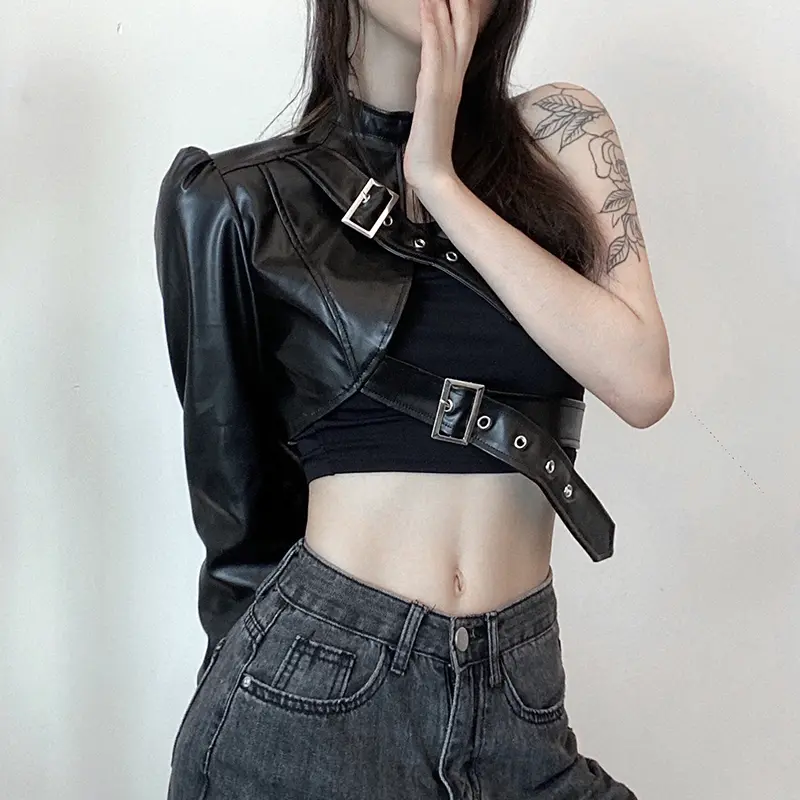 Rockmore Punk Style PU Leather Pullover Jackets Women One Shoulder Off Gothic Top Hip Hop Streetwear Sweatshirts Femme Autumn