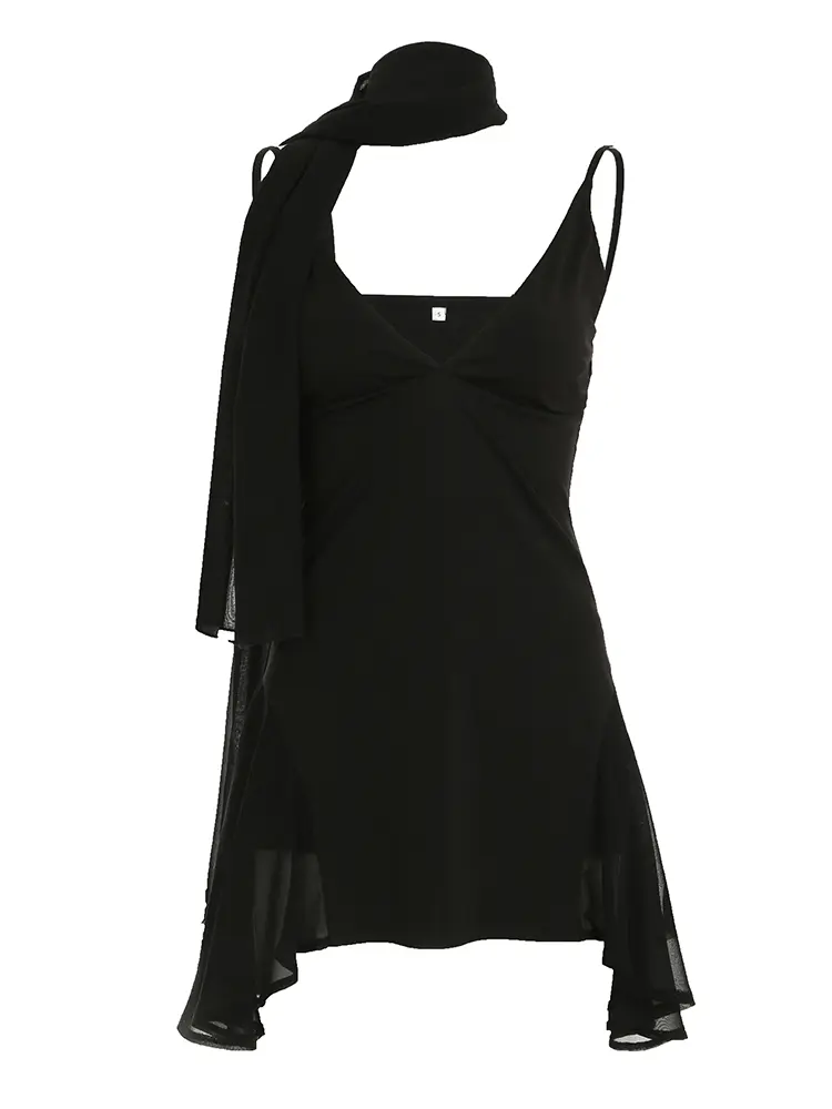 Rockmore Elegant Ribbons V Neck Women's Dresses Black Sexy A-line Female Spaghetti Strap Mesh Mini Dress Party Vacation Outfits