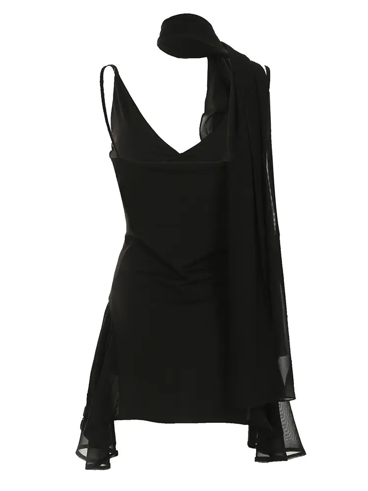 Rockmore Elegant Ribbons V Neck Women's Dresses Black Sexy A-line Female Spaghetti Strap Mesh Mini Dress Party Vacation Outfits