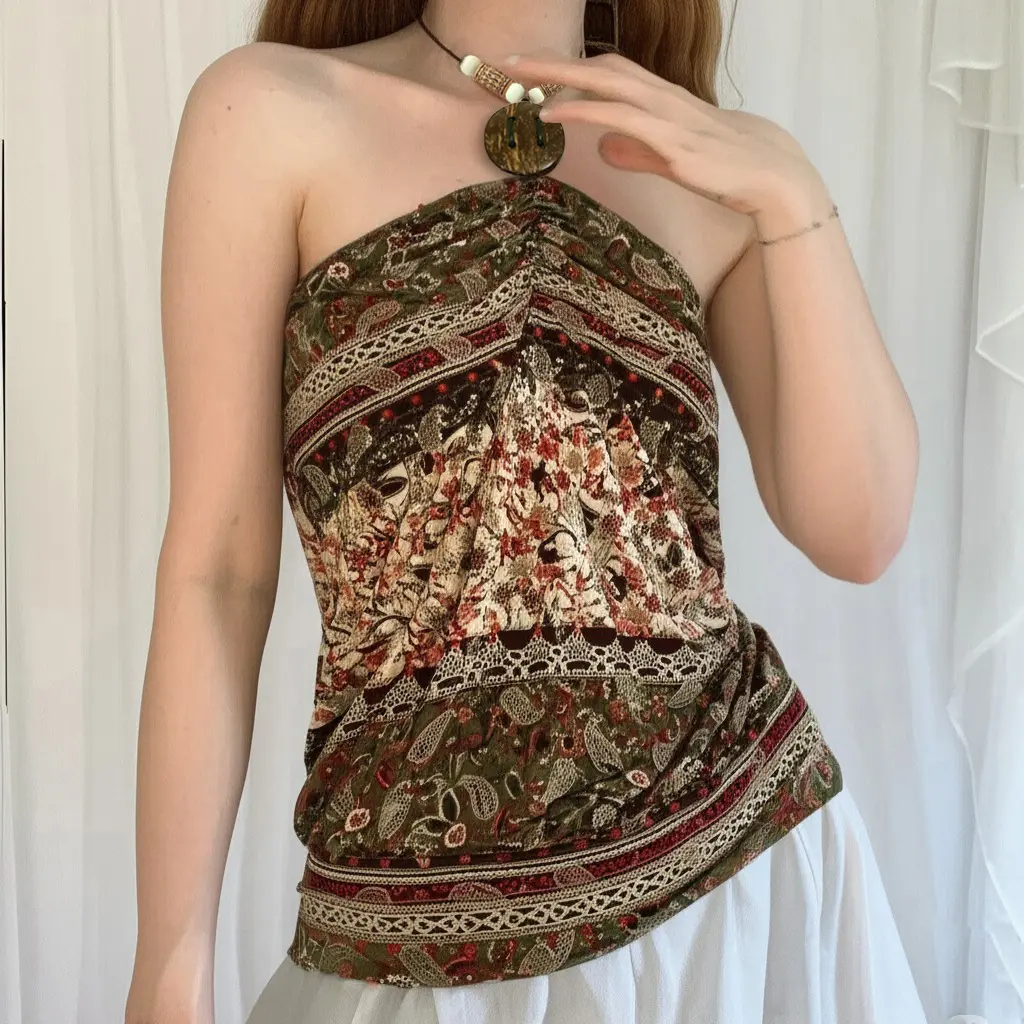 Rockmore Women'S Printed Halter Neck Camisole Boho Retro Style Button Beaded Strap Design Summer Fashion Aesthetic Tube Tops