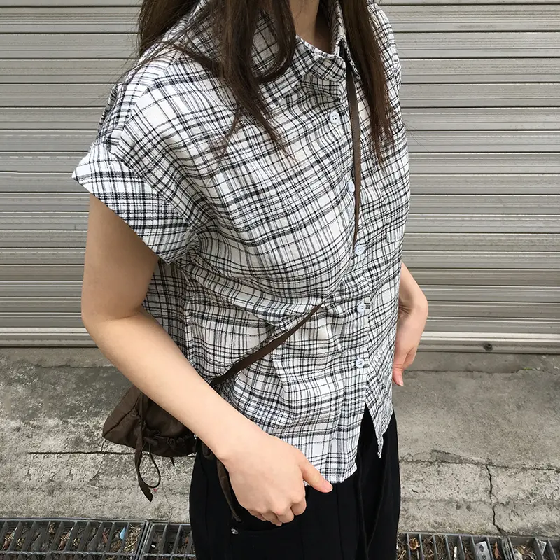 Rockmoer Korean Style Striped Plaid Slim Blouses Y2K Aesthetic Vintage Buttons Up Shirts Women Summer Casual Short Sleeve Tops