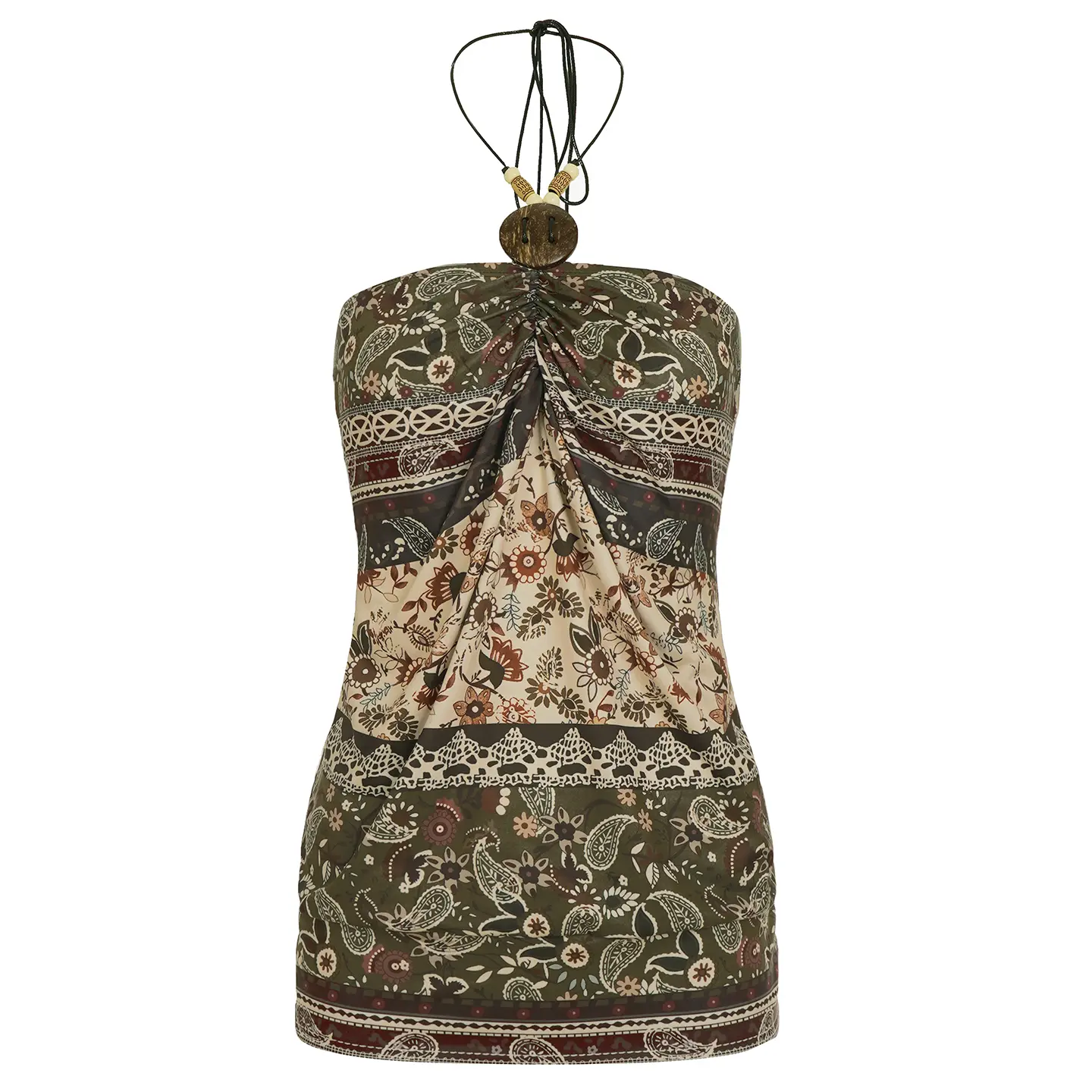 Rockmore Women'S Printed Halter Neck Camisole Boho Retro Style Button Beaded Strap Design Summer Fashion Aesthetic Tube Tops