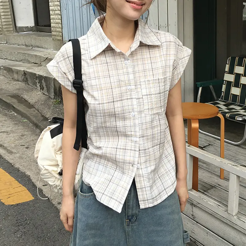 Rockmoer Korean Style Striped Plaid Slim Blouses Y2K Aesthetic Vintage Buttons Up Shirts Women Summer Casual Short Sleeve Tops