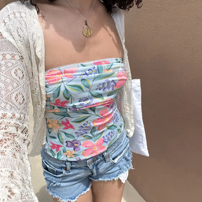 Rockmore Women's Flower Print Tube Top Summer Sleeveless Mini Vest Sexy Slim Crop Top Streetwear Casual Hot Girl Fashion Clothes