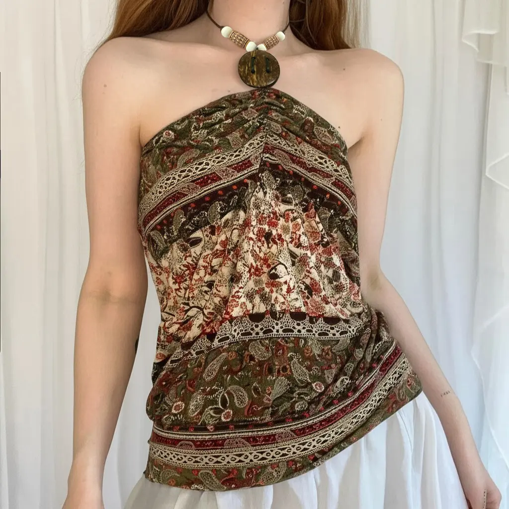Rockmore Women'S Printed Halter Neck Camisole Boho Retro Style Button Beaded Strap Design Summer Fashion Aesthetic Tube Tops