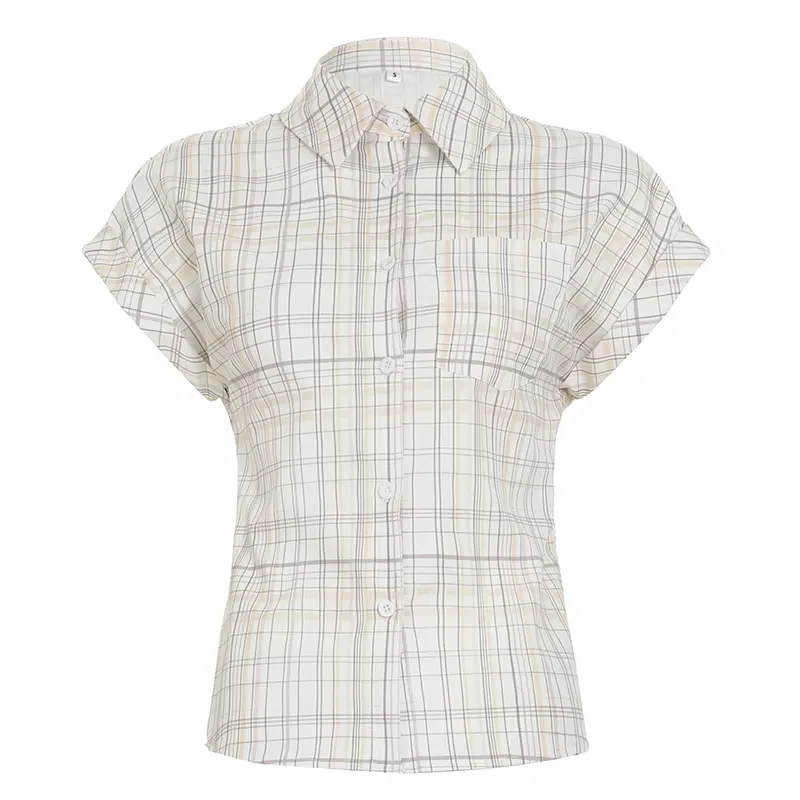 Rockmoer Korean Style Striped Plaid Slim Blouses Y2K Aesthetic Vintage Buttons Up Shirts Women Summer Casual Short Sleeve Tops