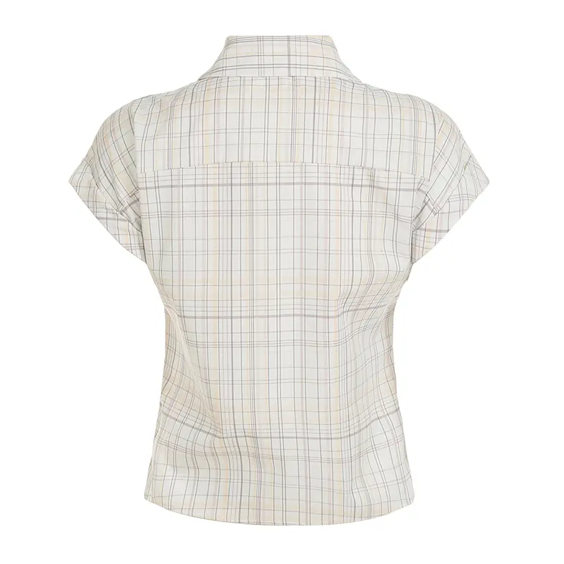 Rockmoer Korean Style Striped Plaid Slim Blouses Y2K Aesthetic Vintage Buttons Up Shirts Women Summer Casual Short Sleeve Tops