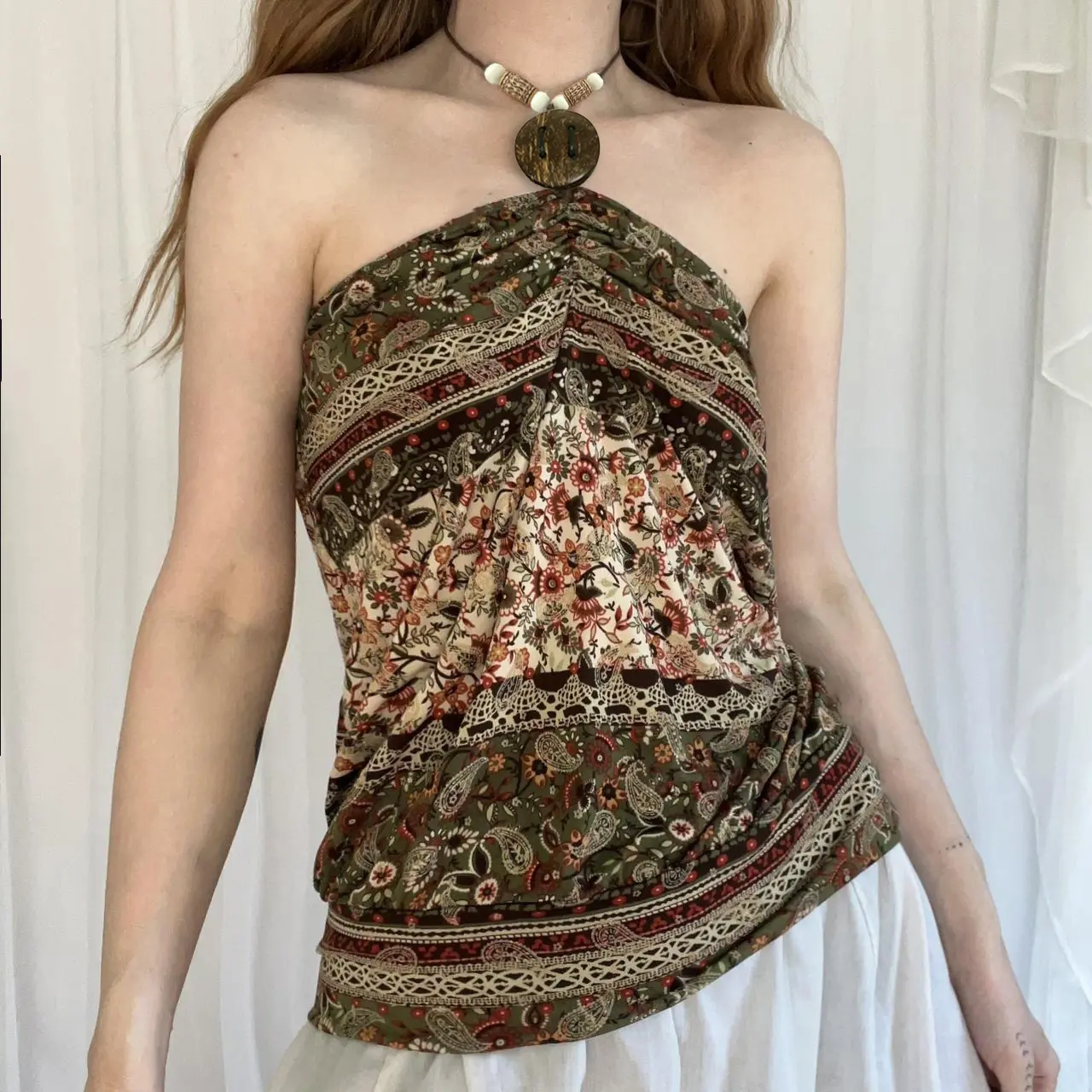 Rockmore Women'S Printed Halter Neck Camisole Boho Retro Style Button Beaded Strap Design Summer Fashion Aesthetic Tube Tops