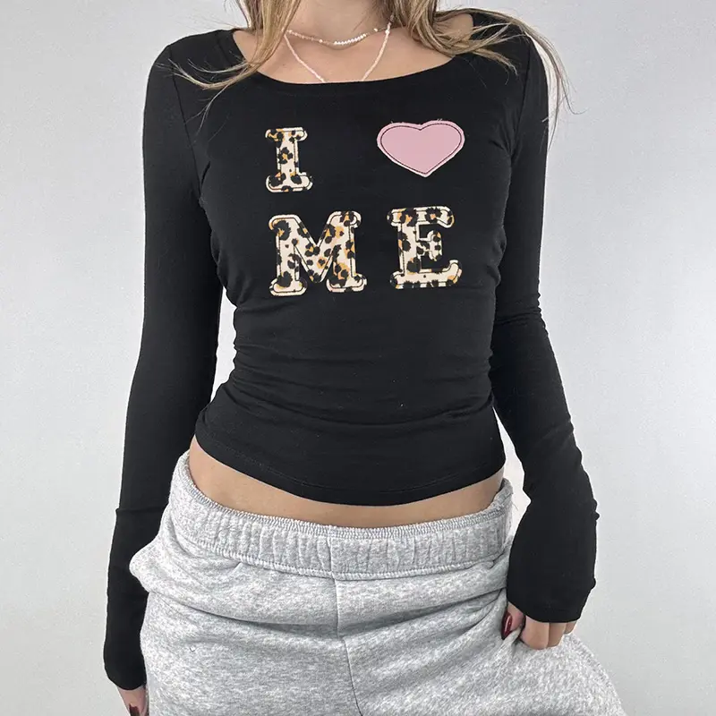 Rockmore Leopard Stitching Kawaii T-Shirts Spring Autumn Women Slim Casual Crew Neck Basic Long Sleeve Bottoming Pullover Tops