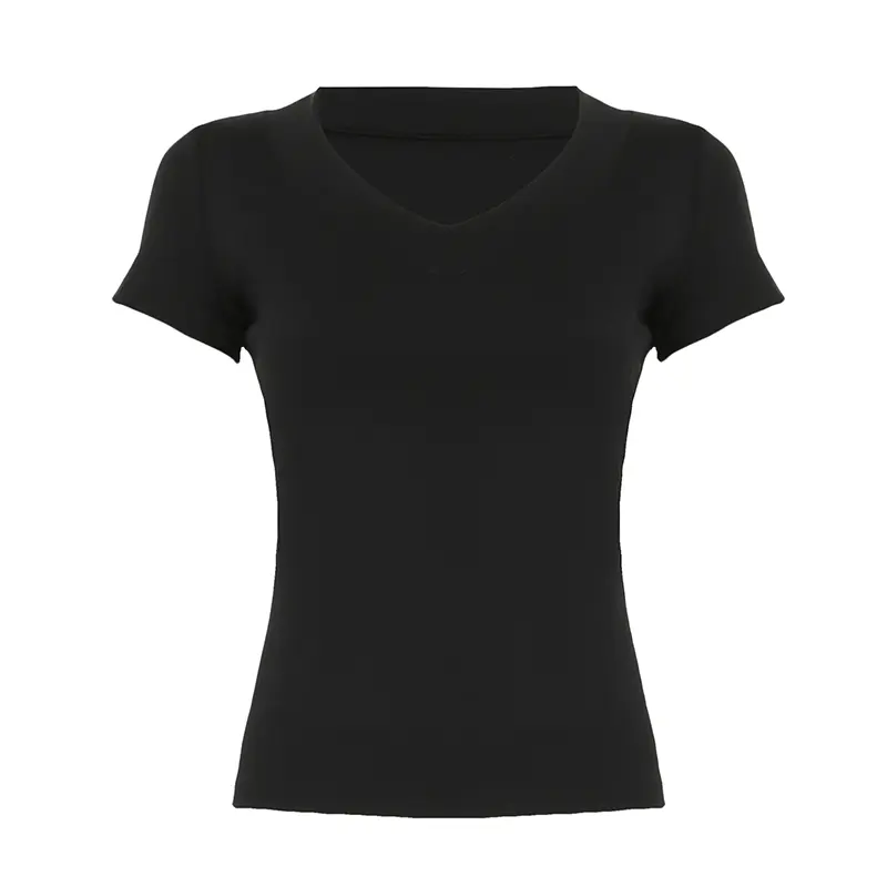 Rockmore Summer V-Neck Basic Tee Women Solid Color Slim Fit T-Shirt Short Sleeve Top for Casual Daily Outfits
