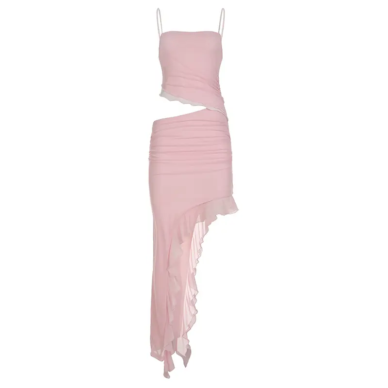 Rockmore Mesh Dress Women Asymmetric High Slit Ruffle Gown Chic Cutout Waist Long Dress Spaghetti Strap Bodycon Evening Gala