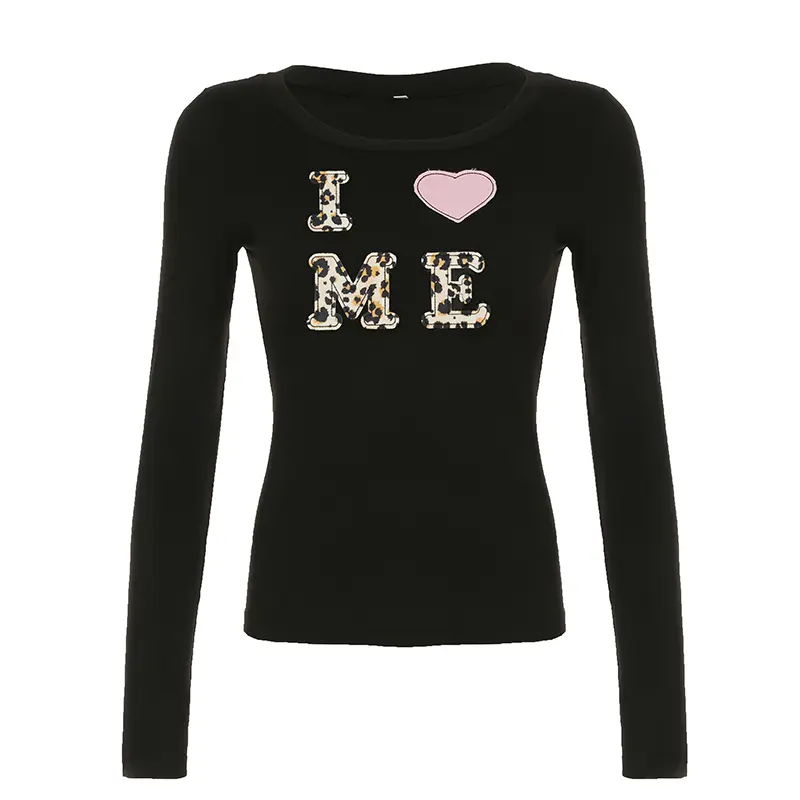 Rockmore Leopard Stitching Kawaii T-Shirts Spring Autumn Women Slim Casual Crew Neck Basic Long Sleeve Bottoming Pullover Tops